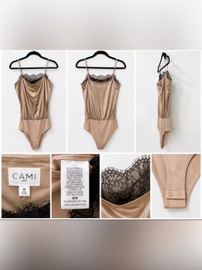 Cami NYC Nude Beige Bodysuit with Black Lace Trim